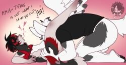 anthro balls black_body black_fur black_hair black_pawpads bottomless bottomless_anthro bottomless_male canid canine canis cass_(casstle) clothed clothing clothing_lift cuntboy_(lore) dialogue domestic_dog elkhound english_text feathered_wings feathers fox fur genitals grey_body grey_fur grey_highlights hair heart_symbol hi_res highlights_(coloring) looking_pleasured male mammal marble_fox moucchiato moucchiato_(character) multicolored_body multicolored_fur oral pawpads paws pink_background pink_pawpads red_body red_fox red_fur red_highlights shirt shirt_lift simple_background spitz text topwear trans_(lore) trans_man_(lore) true_fox two_tone_body two_tone_fur white_body white_feathers white_fur white_hair wings