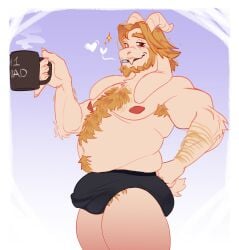 1boy anthro asgore_dreemurr beard blonde_hair briefs briefs_only bulge bulge_through_clothing coffee deltarune facial_hair furry furry_only goat horn horns male morning nipples red_eyes solo solo_focus solo_male standing undertale undertale_(series) underwear underwear_only