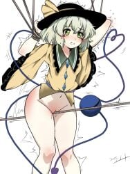 arms_up aroused ass_blush black_hat blouse blush bondage bottomless bound bow buttons chinese_commentary cleft_of_venus clenched_teeth commentary_request contrapposto crotch_rub diamond_button elbow_blush eyeball female fliex frilled_shirt_collar frilled_sleeves frills furrowed_brow green_eyes green_hair hat hat_bow heart heart_of_string highres knee_blush komeiji_koishi mixed-language_commentary navel nose_blush pussy pussy_juice restrained rope_walking shirt short_hair simple_background solo spanked standing tears teeth thighs third_eye_(touhou) three-quarter_sleeves touhou twitching white_background wide_sleeves yellow_bow yellow_shirt