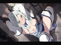 blue_eyes blush bondage bound breasts bruise chained chains cuffs elf female handcuffs large_breasts letterboxed long_hair looking_at_viewer nipples peeing pointy_ears pussy shackles silver_hair solo squatting thighhighs torn_clothes torn_legwear