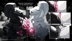 absorption_vore ambiguous_gender angry animate_inanimate anthro anus balls belly belly_squish chess chess_piece english_text equid equine genitals group hi_res hooves knight_(chess) lagomorph leporid male male/male mammal manahallowhound overweight overweight_anthro overweight_male rabbit soft_vore squish text vein vore