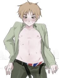 arthur_kirkland axis_powers_hetalia belt blonde_hair british british_flag england_(hetalia) flag hetalia male male_only nipples open_shirt sweat underwear wet_skin