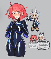 2girls cat_ears catgirl collar female fishnets latex nia nia_(xenoblade) pyra riverpear text text_bubble xenoblade_(series) xenoblade_chronicles_2 yuri