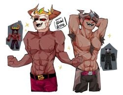 2boys abs armpit_hair armpits artist_signature brown_hair crown dark-skinned_male dark_skin hairy hairy_armpits hairy_chest hairy_male horn horns kralos_(rainimator) male male_only mcyt minecraft minecraft_youtubers muscular muscular_male naeus_(rainimator) nipples pecs rainimator red_eyes sharp_teeth shirtless short_hair sparkle sparkles topless_male twitch twitch.tv twitch_streamer twitter twitter_username white_hair youtube youtuber youtubers