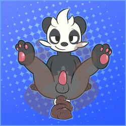 1:1 anthro anus ass balls black_body black_fur blue_background blue_border blue_outline border eyebrows feces feces_on_body feces_on_ground feces_on_tail feces_pile fur generation_6_pokemon genitals grey_body grey_fur hand_on_ground head_tuft hi_res legs_up looking_at_viewer male male_pooping narrowed_eyes nintendo outline pancham pattern_background pawpads penis pink_pawpads pokemon pokemon_(species) pooping_on_floor raised_eyebrows ritzcat scat scatplay short_tail simple_background smile smiling_at_viewer solo spread_legs spreading stink_fumes tail tuft white_body white_fur