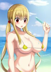 :o beach bikini blonde_hair blonde_hair_female blush breasts brown_eyes fairy_tail female fit fit_female highres large_breasts lucy_heartfilia micro_bikini pale_skin popsicle twintails