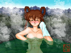 1girls breasts brown_hair curvaceous devil_hunter_yohko female hair_rings hot_spring human large_breasts light-skinned_female light_skin long_hair maratto_cha nipples nude onsen signature solo steam tagme towel water yohko_mano