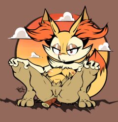 anal black_fur blush braixen breasts canid canine feet female fur hi_res inner_ear_fluff looking_at_viewer mammal nintendo nude pokémon_(species) pokemon pokemon_(species) presenting pussy red_eyes solo stick tophatmahoney tuft video_games white_fur yellow_fur