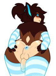 2019 3_fingers absurd_res alpha_channel anthro anus arm_warmers armwear ass ass_up backsack balls bent_over big_butt blue_eyes blush breasts bridal_gauntlets brown_fur brown_hair canid canine canis clothed clothing cock-tail crossed_legs elbow_gloves erection femboy footwear fur girly gloves hair heart-shaped_butt hi_res humanoid humanoid_penis leg_warmers legwear looking_at_viewer looking_back lying male mammal multicolored_fur on_front pattern_clothing pattern_legwear penis ponytail presenting presenting_anus presenting_hindquarters rear_view simple_background smile socks solo spread_butt spreading starshard stockings striped_clothing striped_legwear striped_socks stripes tan_fur thecristalflake thigh_highs thigh_socks transparent_background trap