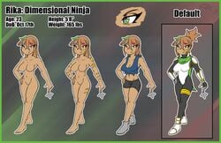 body_markings brown_hair character_sheet dark_skin green_eyes kiroxiii multicolored_hair ninja no_nipples oc original_character rika_(character) rika_dimensional_ninja shuriken topless unusual_pupils