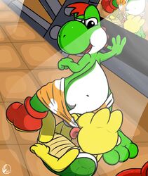 anthro ass balls clothing contimplatininspiratio dinosaur hi_res koopa koopa_troopa male male_only mario_(series) multiple_boys nintendo nude paper_mario penis red_hair reptile scalie the_great_gonzales_jr turtle undressing video_games yaoi yoshi