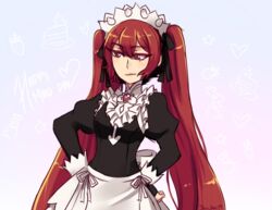 bow dress female fire_emblem fire_emblem_fates fire_emblem_heroes long_hair maid maid_day maid_dress maid_headdress maid_uniform medium_breasts red_eyes red_hair ribbon selena_(fire_emblem_fates) severa_(fire_emblem) simple_background smile smirk solo twintails