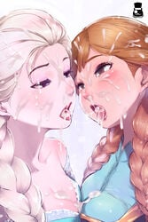 2girls anna_(frozen) bare_shoulders big_breasts blonde_hair blush braid breasts brown_hair clothing cum cum_between_breasts cum_in_nose cum_on_breasts cum_on_face cum_on_hair cum_on_tongue cum_sharing cum_string cum_swap disney elsa_(frozen) eyebrows eyelashes facial female female_only frozen_(film) hair human incest lips lipstick long_hair makeup medium_breasts mr.takealook multiple_girls open_mouth princess royalty shiny shiny_skin sisters tongue tongue_out twin_braids