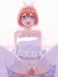 1boy 1girls animated bangs bare_shoulders blue_eyes blush bouncing_breasts breasts bridal_veil bride censored cleavage clothed cowgirl_position crotchless_panties dress elbow_gloves female flower gloves go-toubun_no_hanayome hair_between_eyes hair_flower hair_ornament hair_ribbon happy_sex large_breasts looking_at_viewer male_pov mosaic_censoring mushiro_(nijie728995) nakano_yotsuba open_mouth orange_hair panties penis pov pov_eye_contact pussy ribbon riding sex short_hair sleeveless sleeveless_dress smile spread_legs stockings straddling straight strapless strapless_dress thick_thighs thighhighs underwear vaginal_penetration veil wedding_dress white_dress white_flower white_gloves white_legwear white_ribbon wide_hips