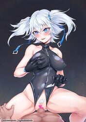 1boy :d bare_legs bare_shoulders black_gloves black_leotard blue_eyes blush breasts censored commentary covered_navel cowgirl_position crotch_zipper english_commentary female girls'_frontline gloves grabbing_own_breast heart heart-shaped_pupils leotard looking_at_viewer medium_breasts medium_hair open_mouth pa-15_(girls'_frontline) penis pubic_hair pussy rebe11 sex silver_hair skin_tight smile solo solo_focus straddling straight symbol-shaped_pupils twintails vaginal_penetration zipper