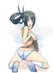 1girls alternate_outfit ass breasts cheerleader clothed female female_only kneeling light-skinned_female light_skin looking_back my_hero_academia panties shoes skirt skirt_lift smile socks solo tank_top thick_thighs tongue tongue_out tsuyu_asui u.a._cheerleader_outfit white_panties xxangeluciferxx