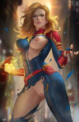 1girls blonde_hair blue_eyes captain_marvel carol_danvers female female_only marvel medium_breasts nopeys one_breast_out pussy solo suit