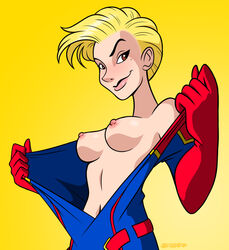 1girls areolae beauty_mark blonde_hair bodysuit bold-n-brash breasts breasts_out brown_eyes captain_marvel carol_danvers darthguyford female female_only hair human human_only light-skinned_female light_skin looking_at_viewer marvel marvel_comics nipples open_clothes short_hair smirk solo solo_female undressing uniform