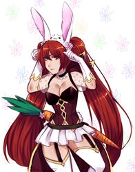 bunny bunny_ears bunny_tail carrot easter easter_bunny female fire_emblem fire_emblem_awakening fire_emblem_heroes long_hair lucina_(fire_emblem)_(cosplay) medium_breasts red_eyes red_hair ribbon severa_(fire_emblem) shio_inue simple_background smile smirk solo twintails