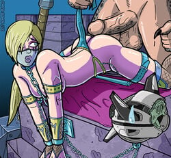 1boy 1girls 2d ass bent_over bent_over_table blonde_hair blue_eyes bondage bound_wrists breasts cassie_cage chained chains choker claws collar concubine defeated female fishnets harem_outfit hombre-blanco human humanoid imminent_rape imminent_sex larger_male looking_back makeup male mortal_kombat mortal_kombat_11 muscular muscular_male nude objectification partial_male penis ponytail runny_makeup scared sex_slave shackles shao_kahn size_difference slave smaller_female spreader_bar straight testicles text tied_down veil veins veiny_penis watermark