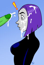 ! 1boy 1girls beast_boy bold-n-brash clothing cum cum_on_face cum_on_hair cumshot dc dc_comics disembodied_penis duo ejaculation faceless_male facial female green_penis hair male pale-skinned_female pale_skin penis purple_hair rachel_roth raven_(dc) straight teen_titans