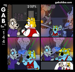 abs alcohol anthro beer beer_bottle beverage body_hair brown_fur bulge canid canine canis chest_hair clothing comic domestic_dog erection flexing fur gab_shiba gabshiba male mammal muscular muscular_male nipples pecs penis_outline pose pubes shiba_inu smile spitz strip_club sweat sweatdrop tan_fur teasing thong white_fur wounded yaoi yellow_fur