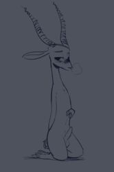 2018 antelope anthro balls bedroom_eyes blue_theme blush bovid breath erection facial_markings fuel_(artist) fuel_(character) gazelle grey_background half-closed_eyes horn kneeling looking_at_viewer male male_only mammal markings monochrome nude seductive simple_background solo