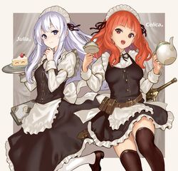 2girls alternative_costume belt belt_pouch book cake celica_(fire_emblem) character_name circlet closed_mouth cup female female_only fire_emblem fire_emblem:_genealogy_of_the_holy_war fire_emblem_echoes:_shadows_of_valentia fire_emblem_gaiden food hiyashiru holding holding_plate holding_teapot julia_(fire_emblem) long_hair long_sleeves maid maid_headdress open_mouth plate pouch purple_eyes purple_hair red_eyes red_hair scabbard sheathed slice_of_cake smile sword teacup teapot thighhighs weapon white_hair white_legwear