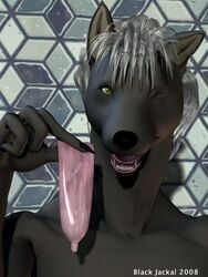 2008 3d anthro black_jackal canid canine canis condom cum filled_condom jackal male male_only mammal one_eye_closed solo wink