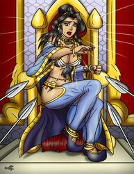 cape dark-skinned_female dark_skin enslaved_royal female geekling gold_jewelry jewelry mithridates mole_under_mouth queen royalty rule_63 sitting spear yellow_eyes