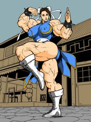 bare_shoulders big_muscles boots breasts brown_eyes brown_hair busty capcom chun-li edit extreme_muscles female large_breasts legs muscles muscular muscular_female r2roh solo street_fighter thick_thighs third-party_edit veins