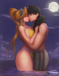 1boy 1girls athena_cykes beach bikini black_hair brown_hair clothing curvy eyes_closed female gyakuten_saiban kissing light-skinned_female light-skinned_male light_skin male male/female moonlight muscular_male night ocean ponytail romantic saf-404 safartwoks safartworks shorts simon_blackquill straight swim_trunks thick_thighs thighs tiara yellow_bikini