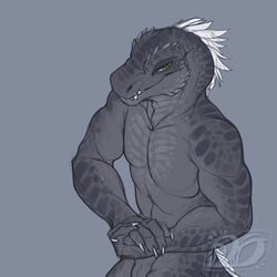 1:1 2019 4_fingers animal_genitalia anthro baring_teeth bedroom_eyes blue_background claws dinosaur elaismurnhem feathers flexing front_view genital_slit green_eyes grey_scales half-closed_eyes half-length_portrait hand_holding hi_res idoodle2draw inviting male manly markings muscular muscular_male nude pecs portrait pose reptile scales scalie seductive sharp_teeth signature simple_background slit smile smirk solo standing tasteful_nudity teasing teeth white_feathers