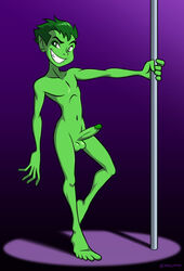 1boy beast_boy big_penis bold-n-brash boner darthguyford dc erection garfield_logan green-skinned_male green_eyes green_hair green_penis green_skin male male_only nude penis pole smile solo solo_male stripper_pole teen_titans