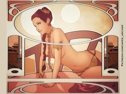 1girls areolae art_nouveau bikini breasts brown_hair chained chains clothing curvy female female_only hair human japes long_hair medium_breasts nipples princess princess_leia_organa return_of_the_jedi slave_bikini slave_leia solo star_wars topless url