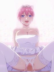 1boy 1girls animated bangs bare_shoulders blue_eyes blush bouncing_breasts breasts bridal_veil bride censored cleavage clothed cowgirl_position crotchless_panties dress elbow_gloves female flower gloves go-toubun_no_hanayome hair_between_eyes hair_flower hair_ornament happy_sex large_breasts looking_at_viewer male_pov mosaic_censoring mushiro_(nijie728995) nakano_ichika open_mouth panties penis pink_hair pov pov_eye_contact pussy riding sex short_hair sleeveless sleeveless_dress smile solo_focus spread_legs straddling straight strapless strapless_dress thick_thighs thighhighs underwear vaginal_penetration veil wedding_dress white_dress white_flower white_gloves white_legwear wide_hips