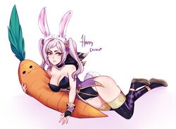 breasts bunny bunny_costume bunny_ears bunny_girl bunny_tail carrot choker cleavage easter easter_bunny female fire_emblem fire_emblem_awakening fire_emblem_heroes flower large_breasts leotard long_hair medium_breasts robin_(fire_emblem) robin_(fire_emblem)_(female) solo white_hair yellow_eyes