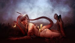 1girls 3d agony_(series) ass blood body_writing breasts candle feet female hooves looking_at_viewer monster monster_girl nude solo source_request tail text white_hair