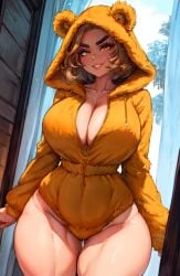 1girls 2d ai_generated astrid_(tampopo) bear_ears big_breasts black_eyebrows blonde blonde_hair blush breasts child_bearing_hips cleavage clothed clothed_female collarbone drawstring female female_only fuzzy golden_hair grin hips hood hood_up hoodie huge_breasts large_breasts looking_at_viewer oc onesie open_mouth orange_eyes original original_character pajamas short_hair sleeves smile smirk smug solo solo_female source stable_diffusion standing tampopo thick_eyebrows thick_thighs thighs wide_hips yellow_eyes zipper zipper_down