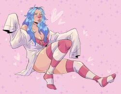 blue_hair buggy_the_clown clown clown_girl clown_nose dress_shirt female female_only genderswap_(mtf) long_hair one_piece rule_63 sleeves_past_wrists striped_thighhighs tagme thick_thighs thighhighs widdlewani