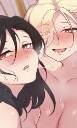 black_hair blonde_hair blush copyright_request incest large_breasts naked red_eyes saliva_trail sisters swear webtoon yuri