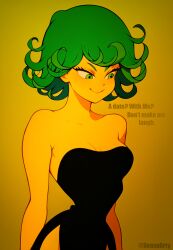 ai_generated bare_arms bare_shoulders black_dress cartoony comic comic_page curly_hair digital_art digital_media_(artwork) dress female female_only femdom_caption green_eyes green_hair happy one-punch_man pale_skin petite_body petite_girl pose posing sassy seducing seduction seductive seductive_body seductive_eyes seductive_gaze seductive_look seductive_mouth seductive_smile sensuarty small_breasts small_waist smiling strapless strapless_dress tatsumaki thigh_slit