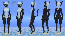 3d_(artwork) absurd_res anthro black_body black_tail blue_ears blue_nails blue_nipples blue_nose blue_pussy breasts brown_eyes celces_(artist) colored_nails digital_media_(artwork) ears_up eyebrows eyelashes felid feline female front_view fur genitals hair hi_res looking_at_viewer mammal minu_(celces) model_sheet nails nipples pose pussy rear_view side_view solo tail thin_tail white_body white_hair