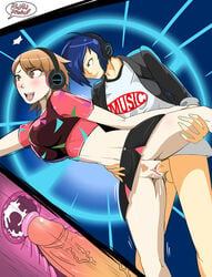 1boy 1girls artist_name atlus blue_eyes blue_hair bottomless brown_eyes clothing cum cum_in_pussy cum_in_uterus cum_inside cumshot duo ejaculation female hair headphones internal makoto_yuki male megami_tensei penetration penis persona persona_3 pubic_hair pussy redradrebel sex shirt skirt straight uterus vaginal_penetration video_games yukari_takeba yuuki_makoto