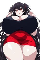 ai_generated ashley_(goldencum34) big_breasts black_hair black_tank_top cleavage cleavage_overflow goldencum34 huge_breasts massive_breasts messy_hair pale_skin red_eyes red_miniskirt surprised thick_thighs tight_clothing wide_hips