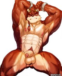 2019 abs absurd_res anthro biceps canid canine cartuja epic7 eyewear fur goggles hair hi_res humanoid_penis male male_only mammal multicolored_fur muscular muscular_male nipples nsfwnudo nude nunudodo pecs penis simple_background solo