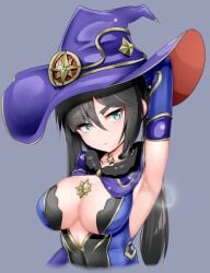 1girls armpit armpit_focus armpits big_breasts blue_eyes breasts fully_clothed genshin_impact mona_(genshin_impact) sawa_(sawaillust) solid_color_background solo solo_female steam sweat witch_hat