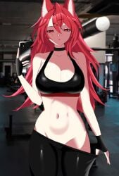 1girls 2d 2d_(artwork) alternate_costume animal_ears belly_button big_breasts black_clothing cellphone cleavage female female_focus female_only front_view gloves gym gym_clothes high_resolution highres hispanic_virtual_youtuber holding_cellphone holding_object hourglass_figure ignya_panthara indoors long_hair looking_at_viewer navel red_eyes red_hair saino scar scar_on_face selfie slim_girl solo solo_female solo_focus standing virtual_youtuber vtuber vtuberfanart yakuni