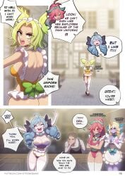 1boy 4girls alternate_costume arguing ass big_ass big_breasts blonde_hair blue_eyes blue_hair blush cafe_cutie_gwen cafe_cutie_sivir cafe_cutie_soraka cafe_cutie_zeri cafe_cuties_series cleavage comic comic_page comic_panel drill_hair green_hair gwen_(league_of_legends) happy large_breasts league_of_legends maid maid_outfit maid_uniform oc page_6 page_number pale-skinned_female pale_skin pink_eyes pink_hair purple_skin purple_skinned_female ribbon_in_hair riot_games sivir soraka strongbana tan_skin tan_skinned_female text tight_clothing two_tone_hair uniform watermark zeri_(league_of_legends)