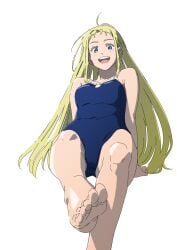 barefoot blonde_hair blue_eyes blue_one-piece_swimsuit breasts colored_eyelashes eyelashes female happy invisible_chair jinou_rakugaki knees kofune_ushio long_hair looking_at_viewer looking_down necklace one-piece_swimsuit open_mouth simple_background sitting smile soles solo summer_time_render summertime_render swimsuit teeth toes tongue upper_teeth_only white_background worm's-eye_view